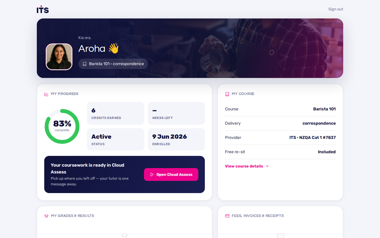 Learner Hub, live, real learner login